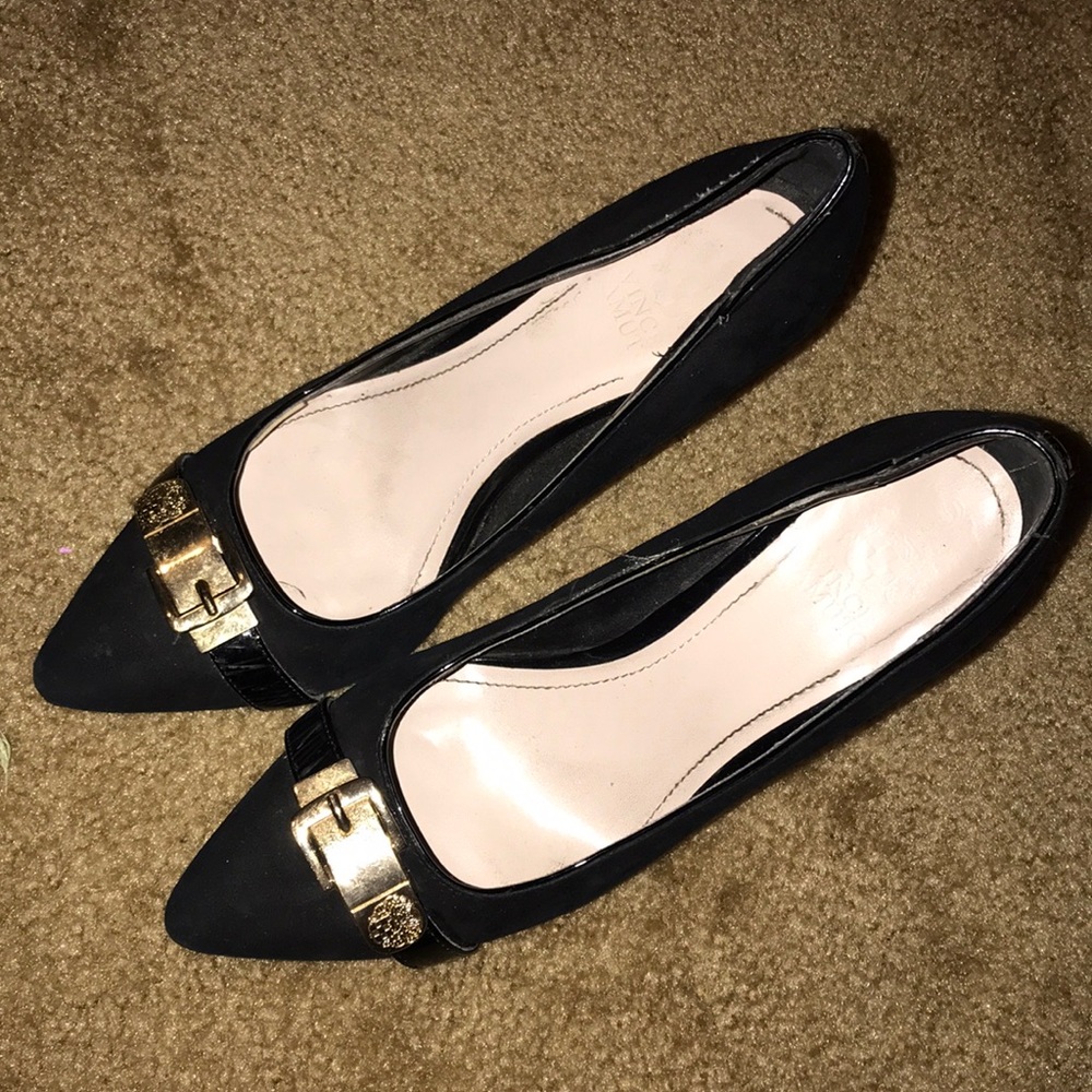 Vince Camuto black heels with gold buckle